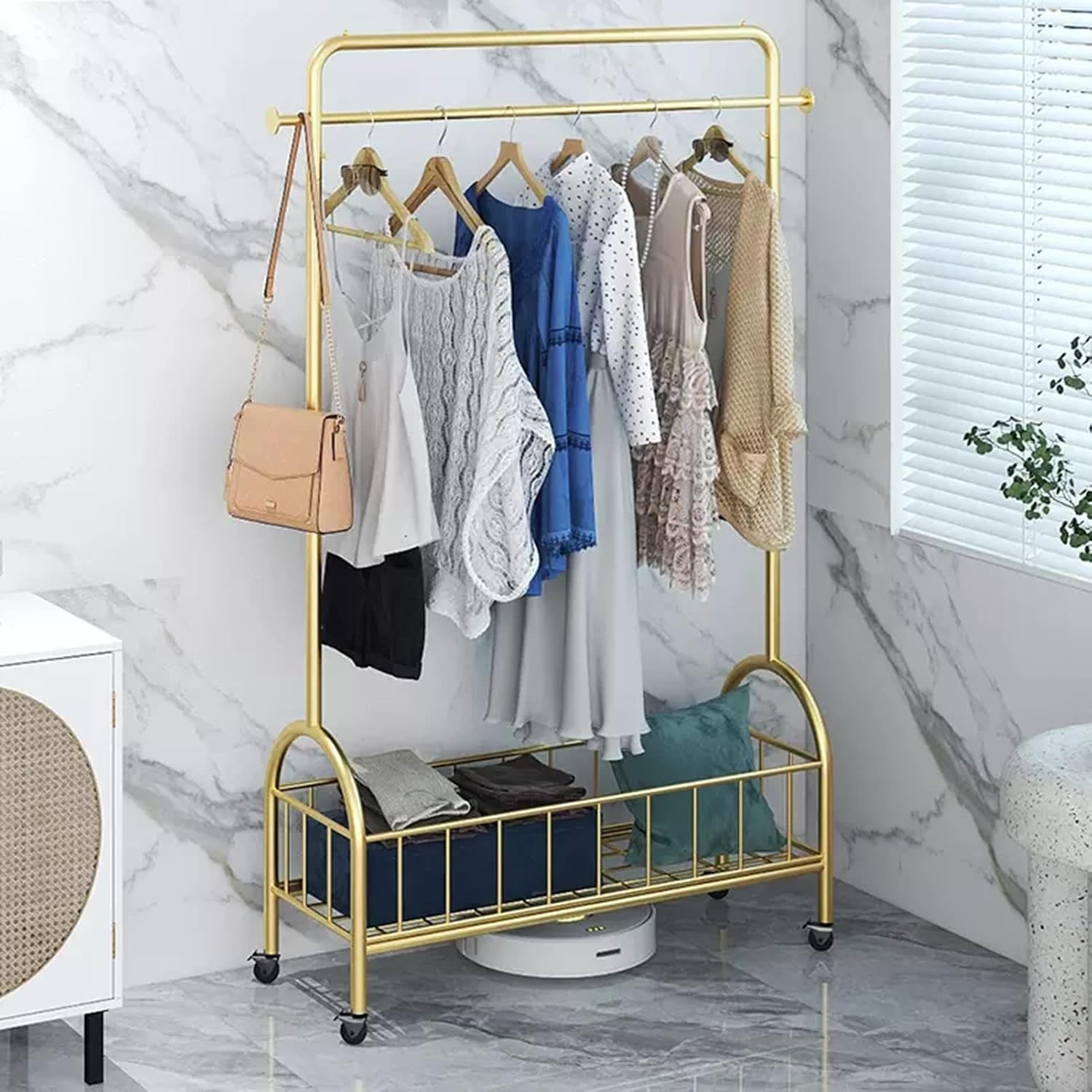 Heavy Duty Coat Rack, Garment Rack Metal Clothing Rack for Hanging Clothes On Wheels Space Saving Coat Rack with Storage Basket and 2 Hooks Freestanding Clothes Organizer (Gold 120X30X160CM)