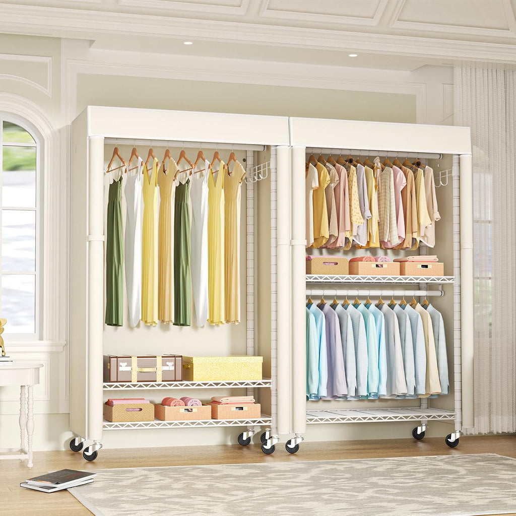 FUTASSI White Clothing Rack with Beige Cover, P1C Rolling Closets with Wheels, Metal Garment Rack for Hanging Clothes, Clothing Storage Wardrobe, 36.2' W x 16.5' D x 80.5' H, Load 450 Pounds