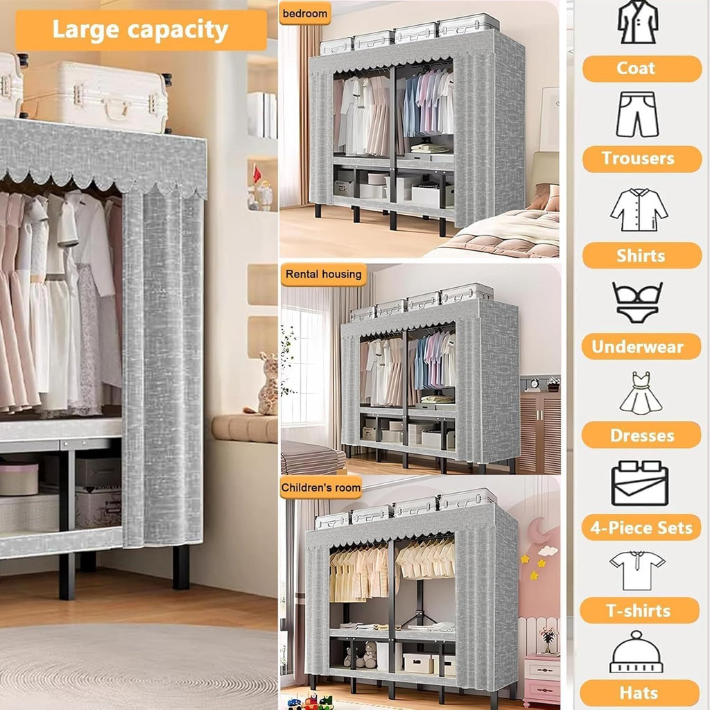 Large Metal Closet Rack, Foldable Clothe Rack With Cover Heavy-Duty Portable Wardrobe Closet For Bedroom Armoires Freestanding Clothing Coat Storage Rack Garment Rack For Hanging Clothes(125cm/49.2in)
