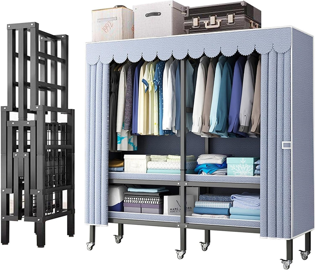 Large Capacity Wardrobe Rack - Rolling Foldable Garment Rack With Cover And Wheels, 1500 Lbs Heavy-Duty Portable Wardrobe Freestanding Clothes Organizer System For Bedroom Living Room Office ( Size :