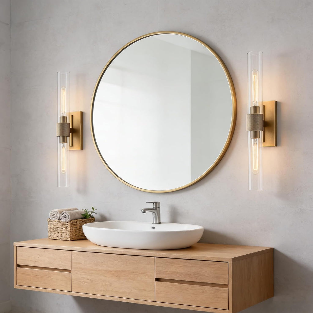 23' Brass Wall Sconces Set of 2, Vintage Wall Light Fixture with Clear Glass Shade, Luxury Hardwired Retro Wall Sconce for Bathroom Vanity, Living Room, Bedroom, Hallway Tube Indoor Sconce