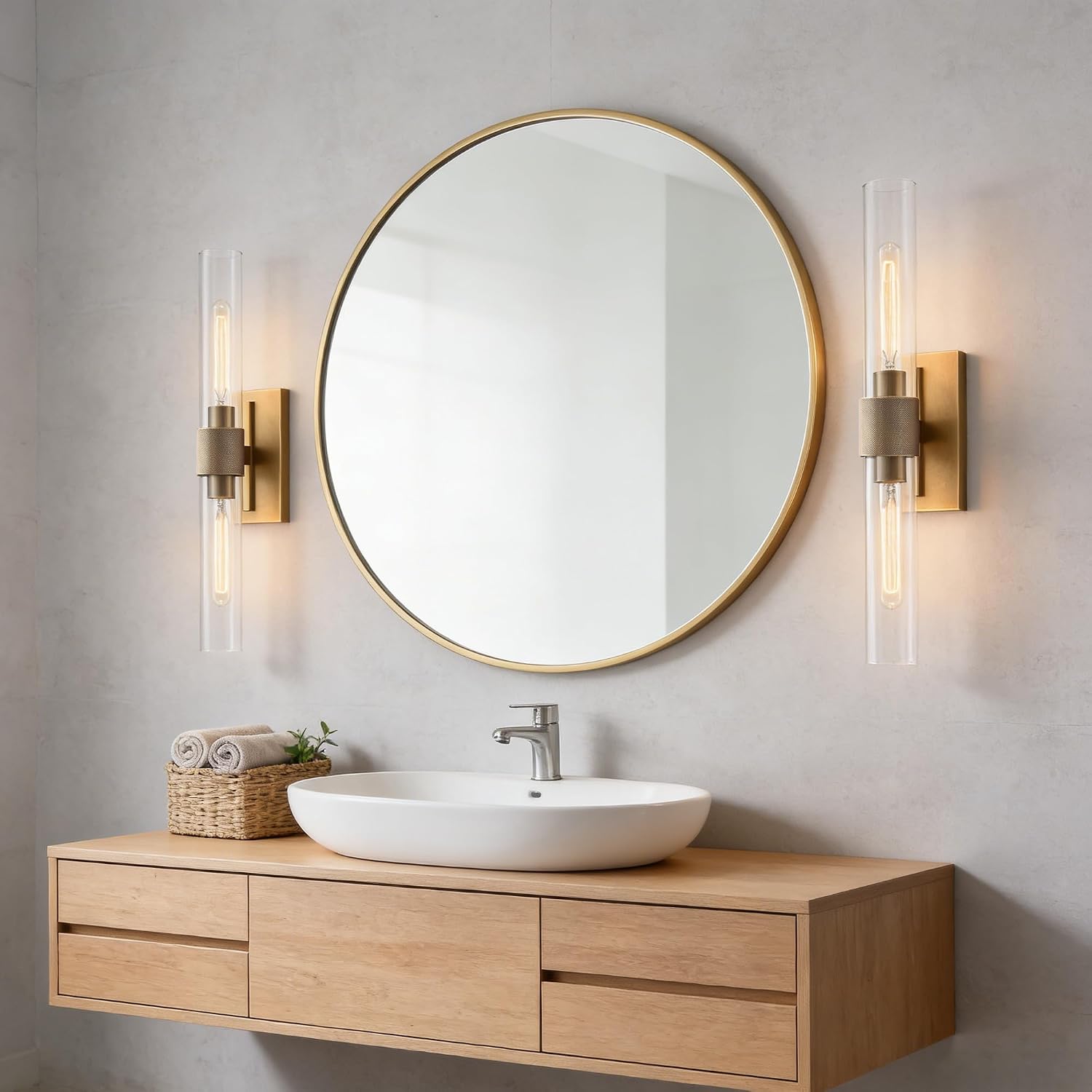 23' Brass Wall Sconces Set of 2, Vintage Wall Light Fixture with Clear Glass Shade, Luxury Hardwired Retro Wall Sconce for Bathroom Vanity, Living Room, Bedroom, Hallway Tube Indoor Sconce