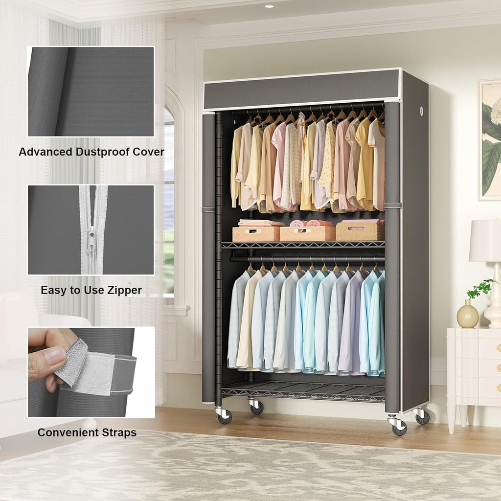 FUTASSI Black Clothing Rack with Dark Gray Cover, P1C Rolling Closets with Wheels, Metal Garment Rack for Hanging Clothes, Clothing Storage Wardrobe, 36.2' W x 16.5' D x 80.5' H, Load 450 Pounds