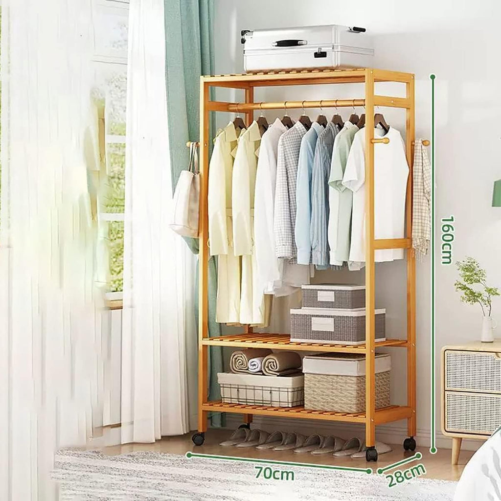 Generic Garment Rail Shoe Bench Coat Stand Rack Hanger Wooden Coat Rack Freestanding Garment Rack With 3 Storage Shelves And 4 Hooks, Coat Rack With 360° Wheels For Entryway, Hallway, Bedroom And L