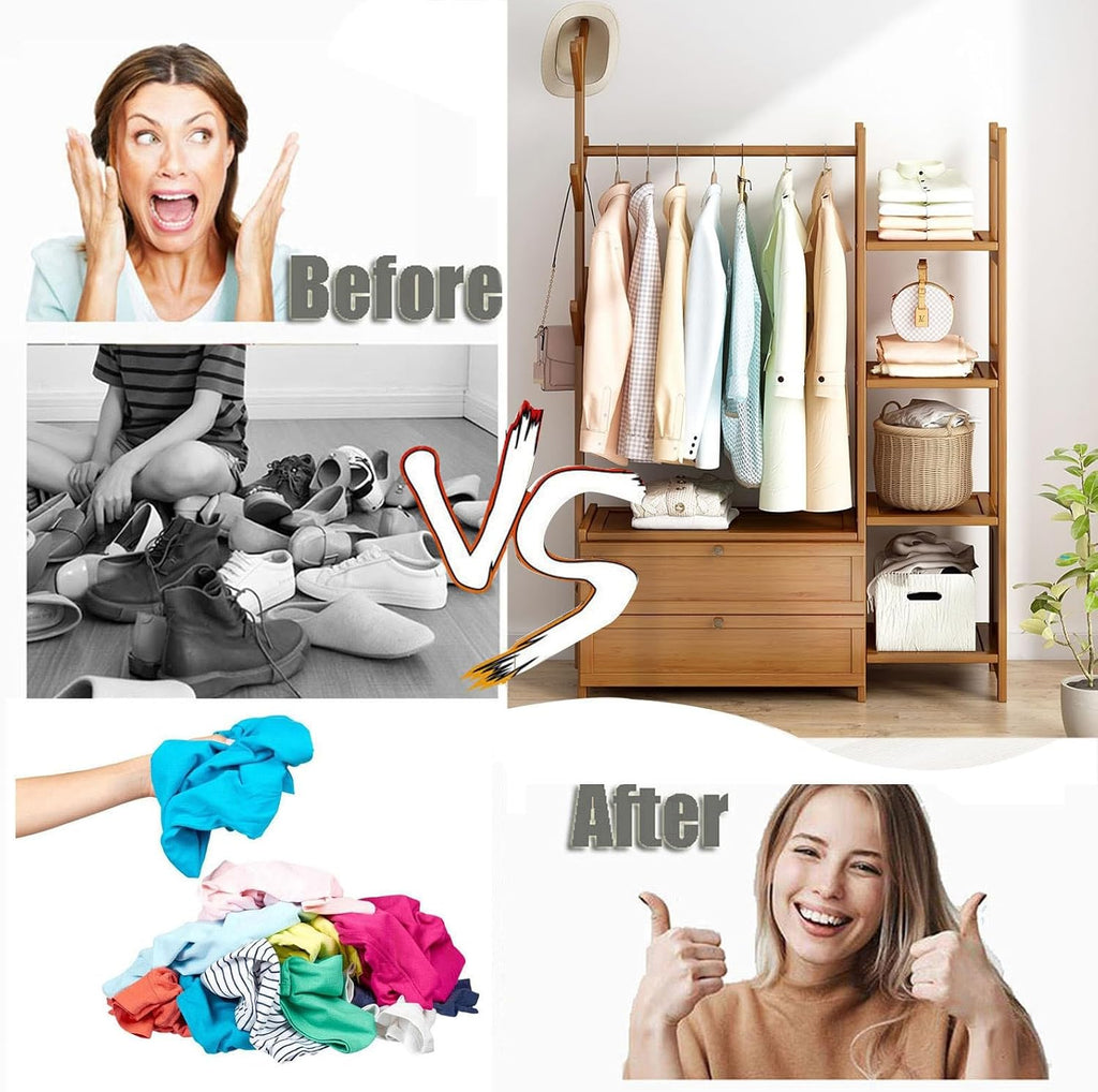Bamboo Coat Rack with Double Drawer Storage 4 Shelves and Multi Functional Clothing Rails Freestanding Garment Rack for Bedroom nization Walnut Color Size: XXL