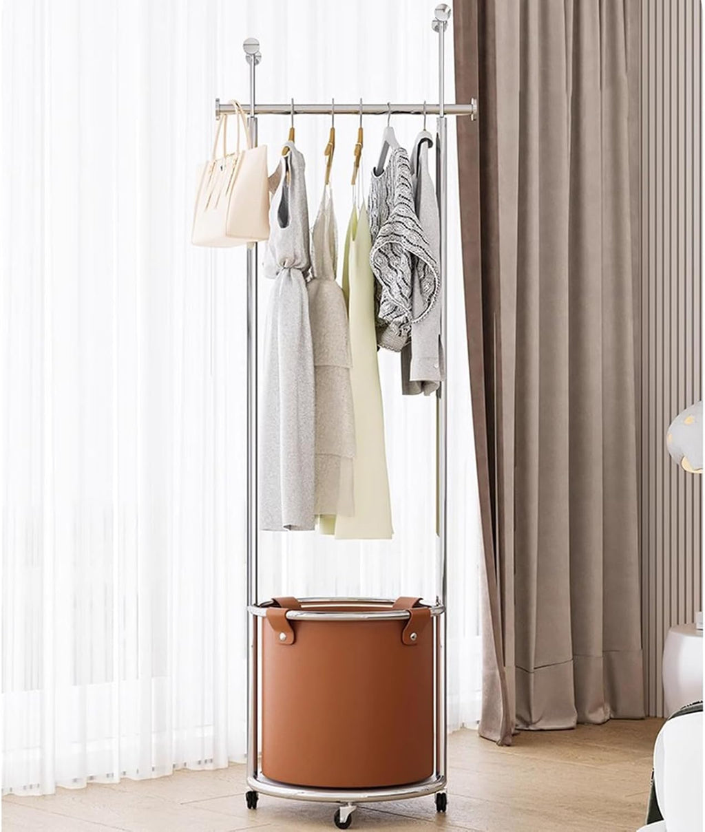 Heavy Duty Garment Rack Silver Stainless Steel Clothing Rack with PU Storage Box and Hooks, Freestanding Clothes Organizer On Wheels, Multi-Functional Coat Rack for Bedroom (Silver+Brown)