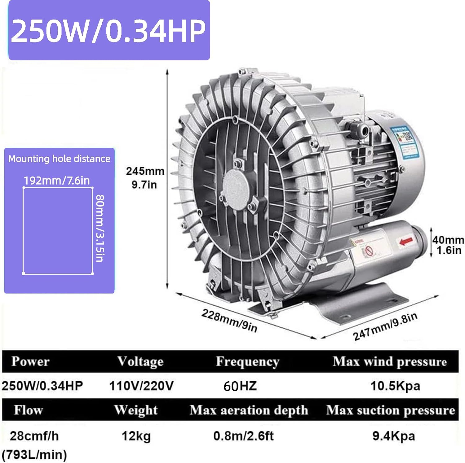 Vortex Ring Blower, 110v 60hz 120W-1100W Regenerative Blower,High-Pressure Industrial Vacuum Pump, Single-Phase Fish Pond Ring Vacuum Pressure Blowers for Air Blowing Or Suction (250W/0.33HP)