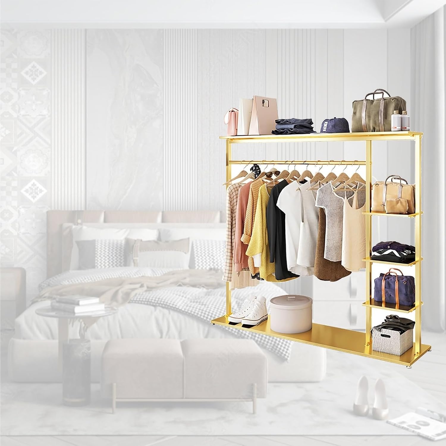 Hangers Display Stand - Garment Rack with Shelf, Metal Clothing Rack Free Standing Closet Organizer with 5 Tier Shelf,Large Clothing Display Stand for Home, Clothing Stor(A1
