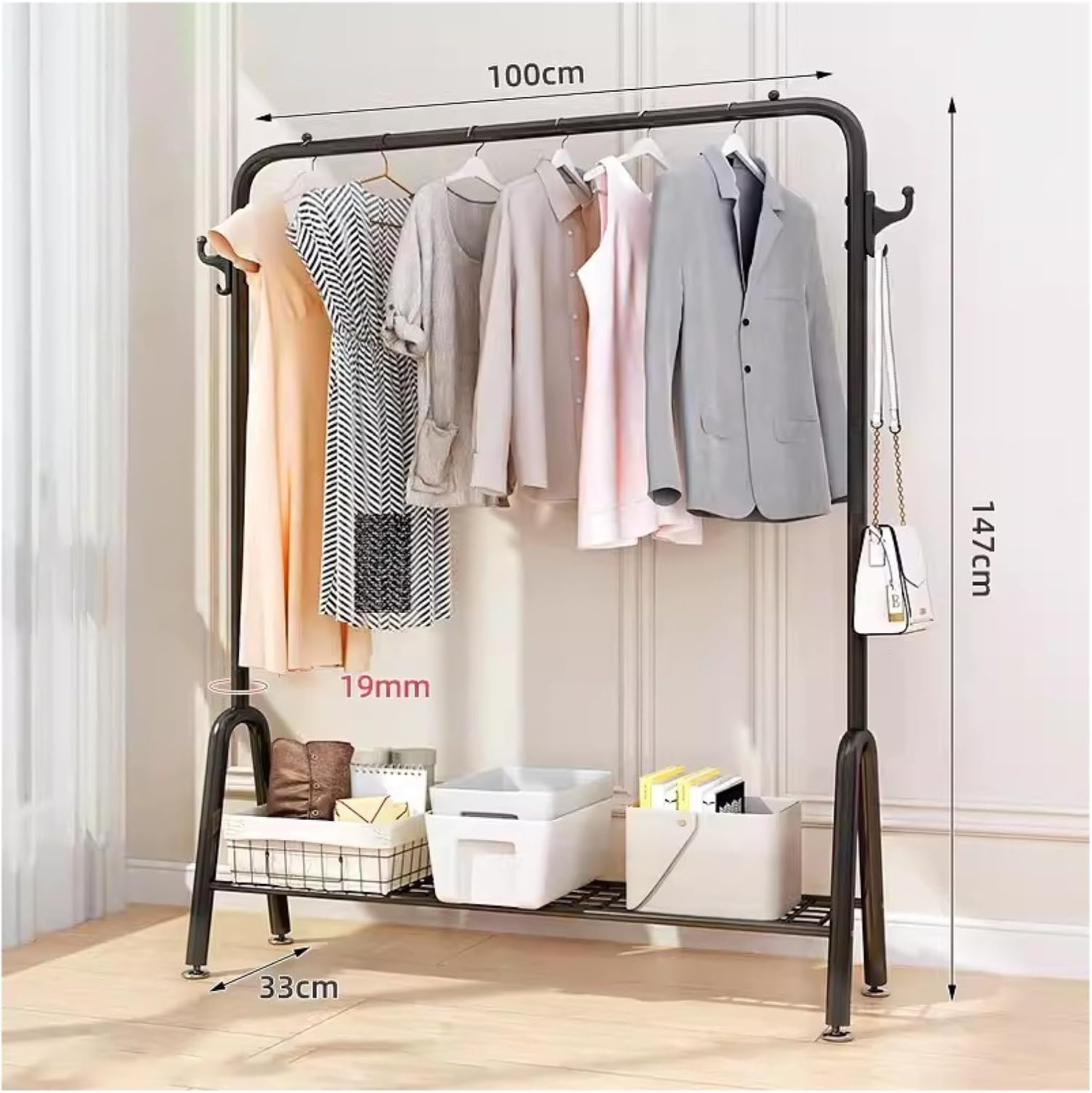 Clothes Rail Garment Rack Metal Clothes Rack with Shelves, Heavy Duty Free-Standing Garment Racks Clothing Rack with Shelves Clothes nizer for Boutique Store(Color:Black,Size:100x33x147c