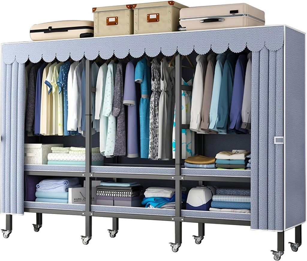 Large Capacity Wardrobe Rack - Rolling Foldable Garment Rack With Cover And Wheels, 1500 Lbs Heavy-Duty Portable Wardrobe Freestanding Clothes Organizer System For Bedroom Living Room Office ( Size :