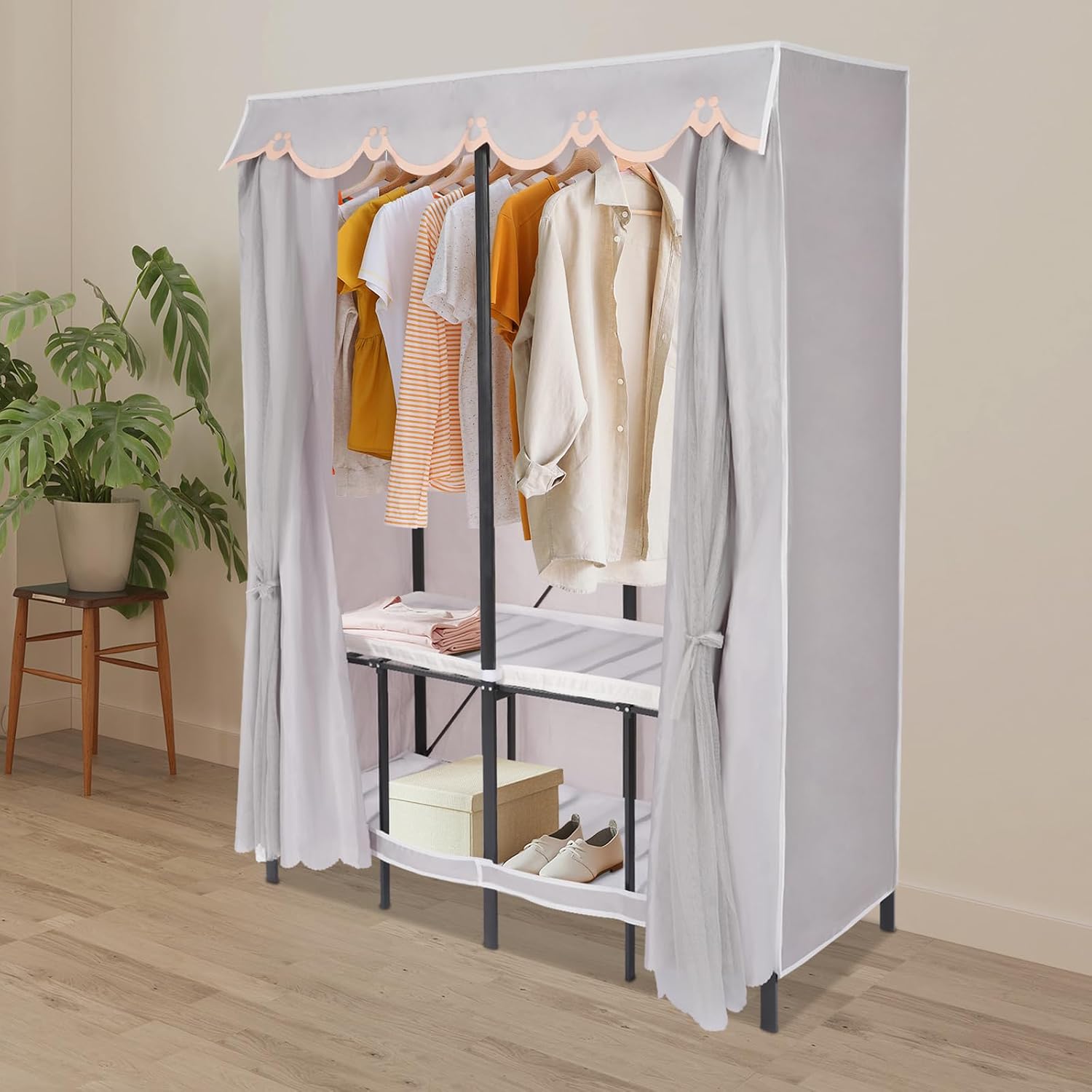 Foldable Wardrobe Closet Rack with Cover, Portable Garment Rack with Hooks Freestanding Clothing Rack Folding Clothes Organizer Black Grey for Bedroom Cloakroom