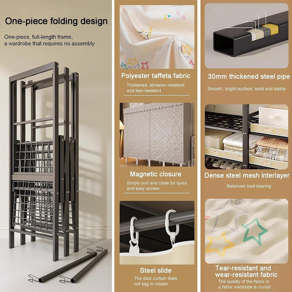 Portable Wardrobe Closet Rack 1100lbs Heavy-Duty Foldable Garment Rack With Cover Freestanding Covered Clothes Organizer System enclosed Armoires For Hanging Clothes(191cm/75.2in)