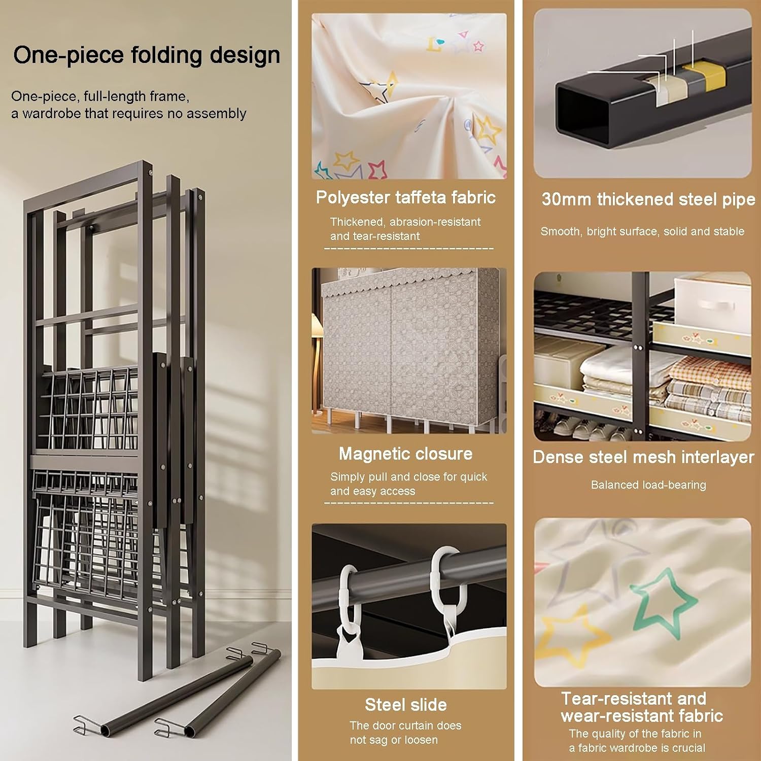 Portable Wardrobe Closet Rack 1100lbs Heavy-Duty Foldable Garment Rack With Cover Freestanding Covered Clothes Organizer System enclosed Armoires For Hanging Clothes(191cm/75.2in)