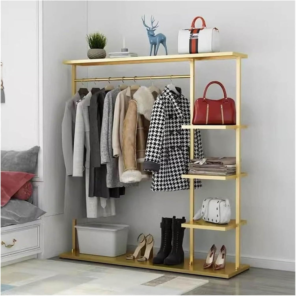 Metal Clothes Rack with 5-Tier Shelves, Heavy Duty Free-Standing Garment Racks Clothing Rack with Shelves Clothes Organizer for Boutique Store(Gold,120x35x155cm)
