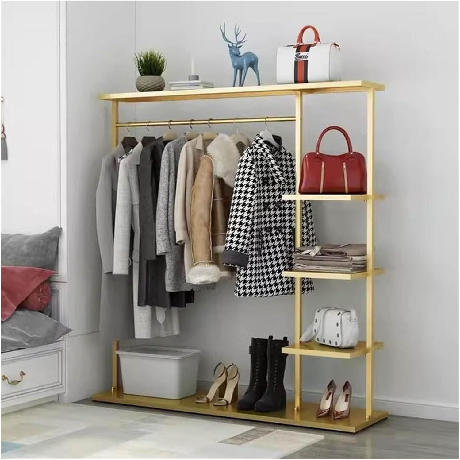 Metal Clothes Rack with 5-Tier Shelves, Heavy Duty Free-Standing Garment Racks Clothing Rack with Shelves Clothes Organizer for Boutique Store(Gold,100x35x155cm)
