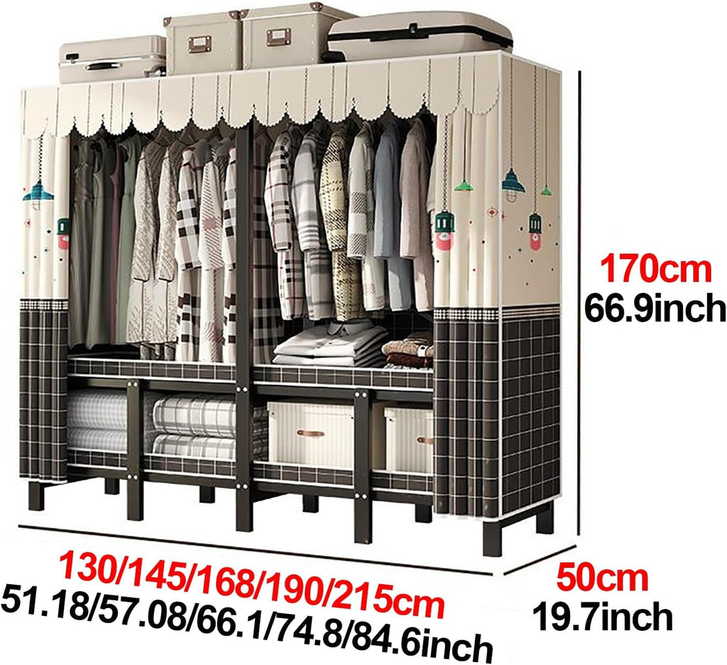Heavy Duty Portable Wardrobe Closet With Cover, Foldable Garment Rack, Metal Freestanding Clothing Rack For Hanging Clothes, For Bedroom, Dorm(Blue2,145x170x50cm)