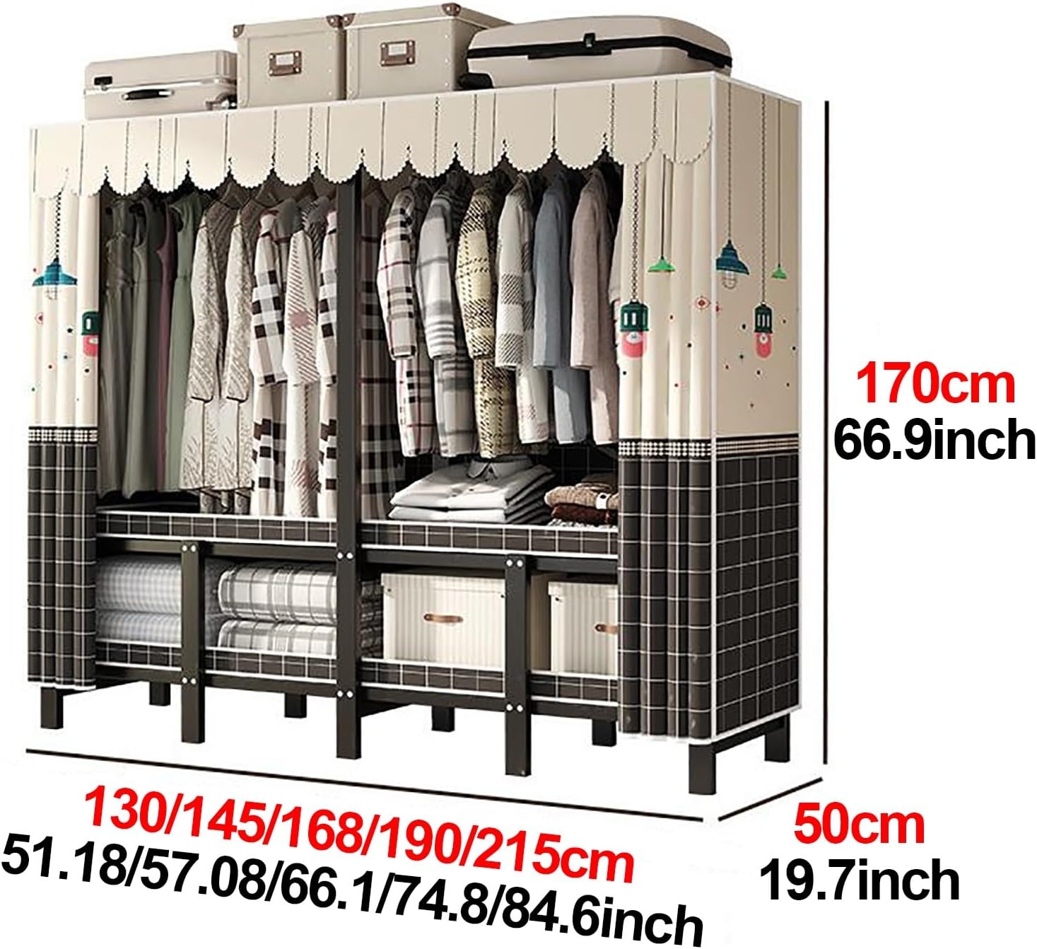 Heavy Duty Portable Wardrobe Closet With Cover, Foldable Garment Rack, Metal Freestanding Clothing Rack For Hanging Clothes, For Bedroom, Dorm(Blue2,145x170x50cm)