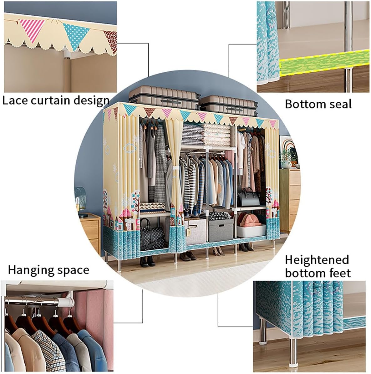 Free Standing Heavy Duty Wardrobe Closet For Bedroom 3 Tiers Garment Racks With Cover Metal Large Clothing Rack For Hanging Clothes (Color : Beige, Size : 245x45x172cm)