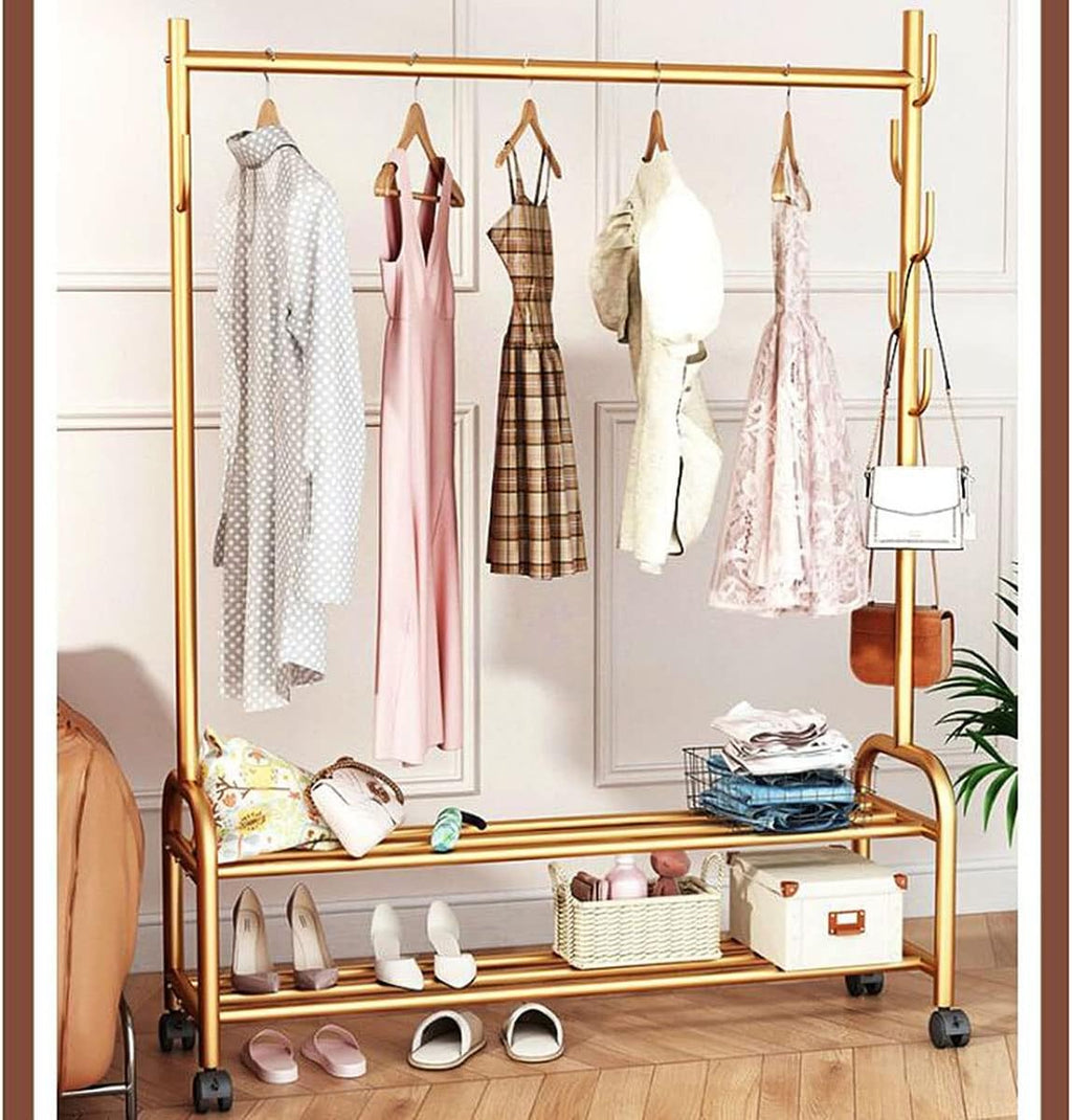 Metal Clothes Rail Freestanding Garment Rack with Storage Shelf 7 Side Hooks Coat Stand for Shoes and Boxes Black 60cm