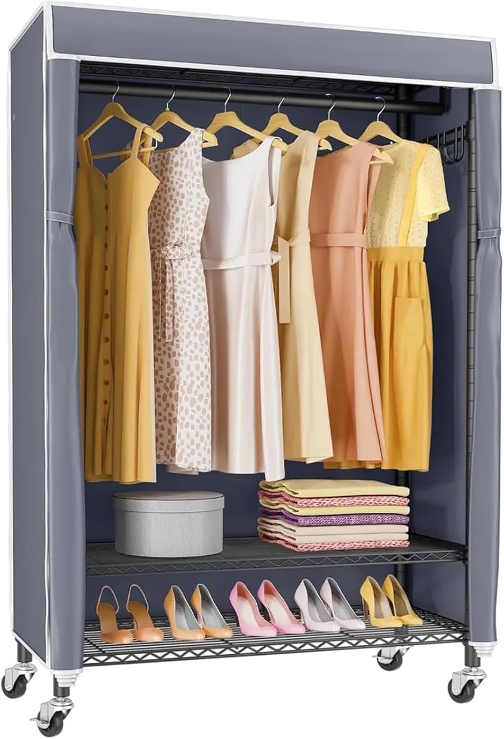 Wardrobe Closet Rolling Clothes Rack with Cover Portable Closet for Hanging, Heavy Duty Garment Freestanding(Color 2)