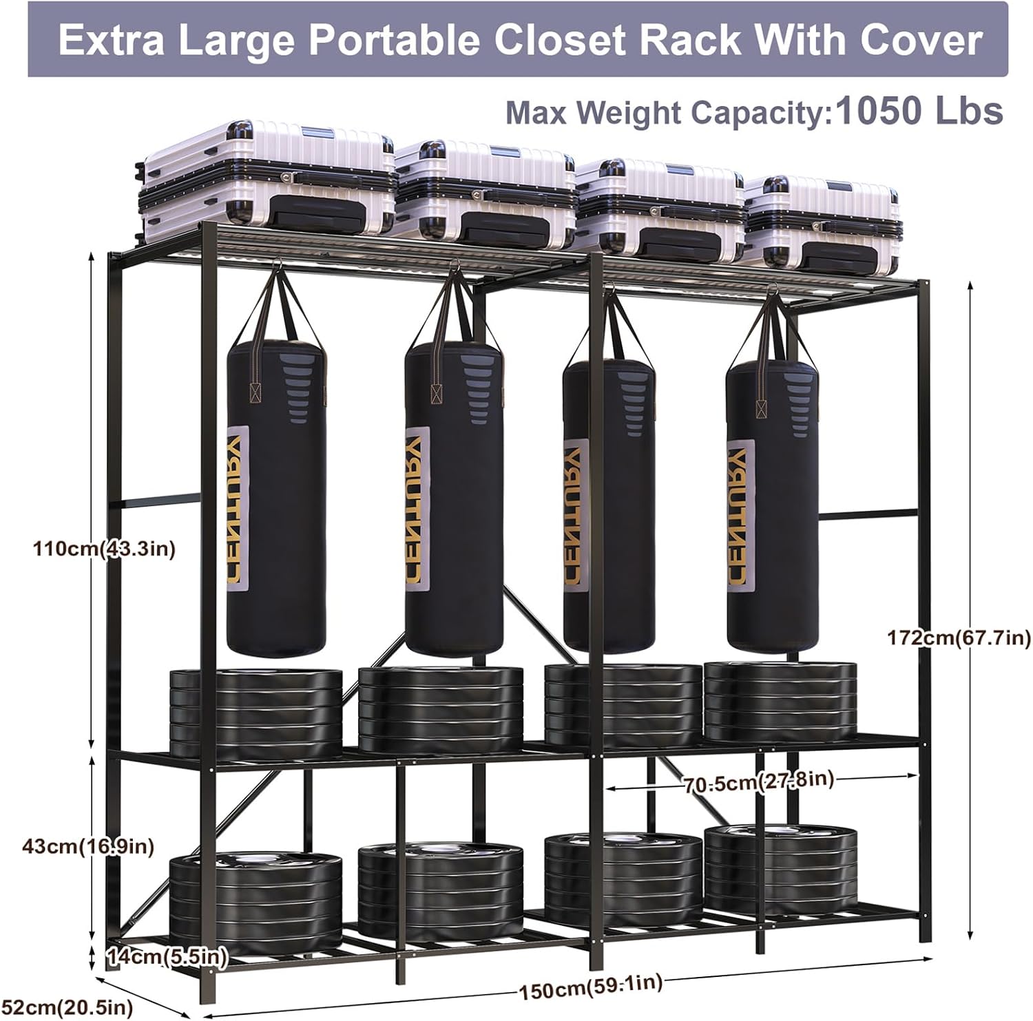 95% Assembled Heavy Duty Garmen Clothes Rack, 59' Lx68 H Freestanding Flodable Strong Portable Clothing Rracks with Cover,Black