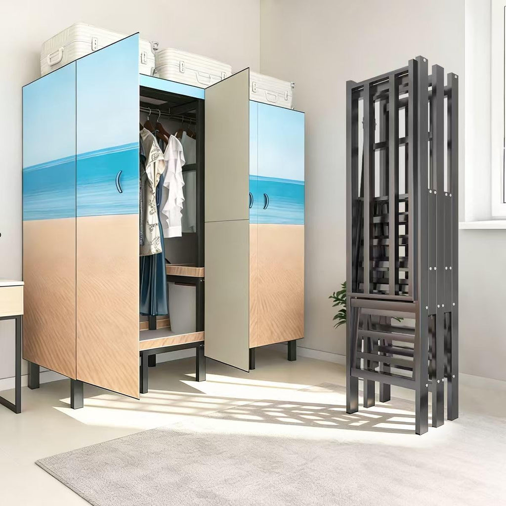 Portable Wardrobe Closet, Heavy Duty Clothing Rack for Hanging Clothes, Metal Clothes Rack with Cover and Hanging Rods, Freestanding Wardrobe Armoire Load 1000 LBS (Sky 49)