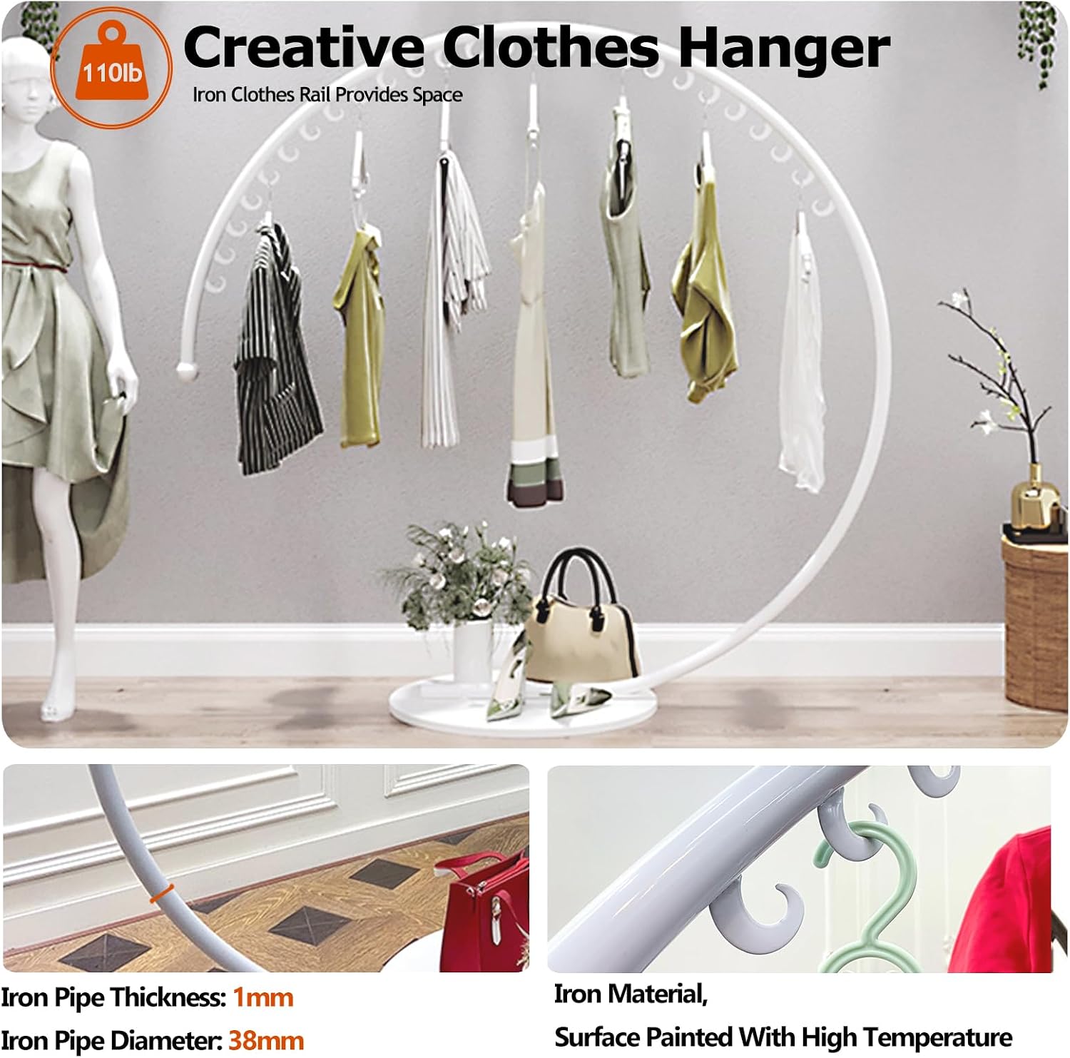 Clothing Store Industrial Display Stands, Clothes Rail, Metal Clothes Rail, Freestanding Garment Rack Hanger, 110 Lb Total Max, Clothes Rail Heavy Duty, Han(C-180x170cm