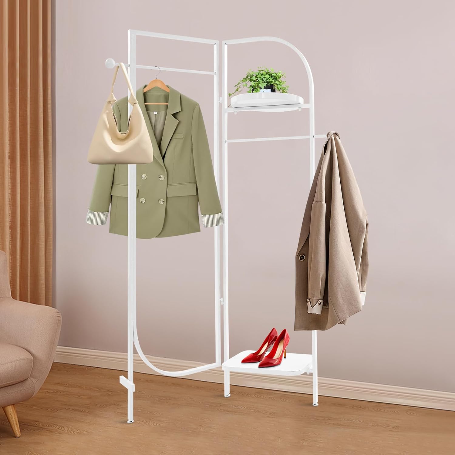 Clothes Display Stand, Metal Heavy Duty Freestanding Garment Rack Foldable Clothing Shelf Clothes Rack for Hanging Clothes Coats Skirts Shirts Sweaters (White)