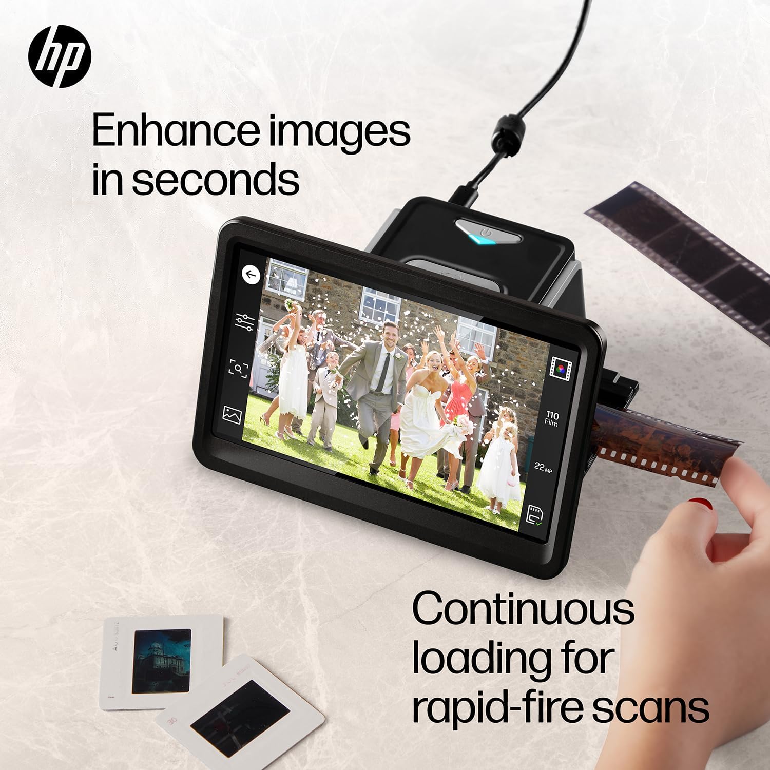 HP Touch Screen Film & Slide Scanner - 7 in LCD, 13 MP, USB & HDMI - Touch LCD Preview & Edit - Photo Scanner - 13 MP Clarity - Film to Digital Converter - Quick-Feed & 50mm Adapter - Slide Digitizer
