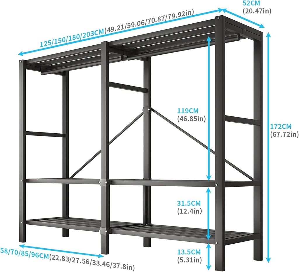 Heavy Duty Portable Closet Wardrobe, Garment Rack with Cover & Hanging Rods, Freestanding Wardrobe with Magnetic Door, Metal Closet Rack for Hanging Clothes (Door Design C, 49.2''/125cm)