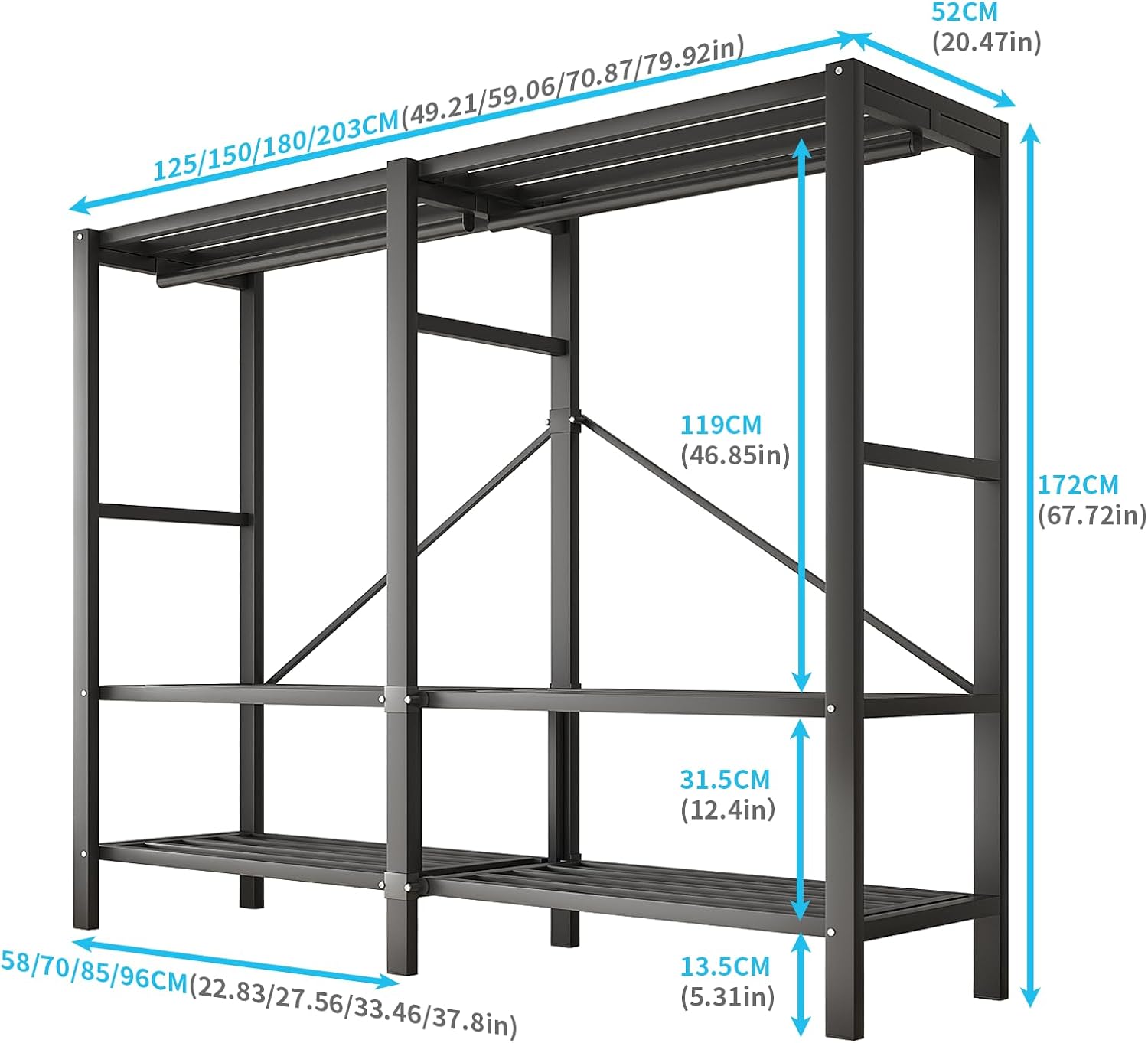 Heavy Duty Portable Closet Wardrobe, Garment Rack with Cover & Hanging Rods, Freestanding Wardrobe with Magnetic Door, Metal Closet Rack for Hanging Clothes (Door Design C, 49.2''/125cm)