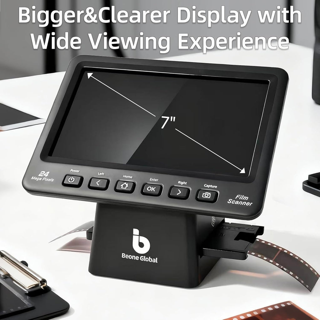 BEONEGLOBAL ClearScan P7 Film Scanner, 7' LCD 24MP Slide & Negative Scanner for 35mm/110/126/Super 8/8mm Film, Converts Old Slides and Negatives to JPEG, No Computer Needed, SD Card Included