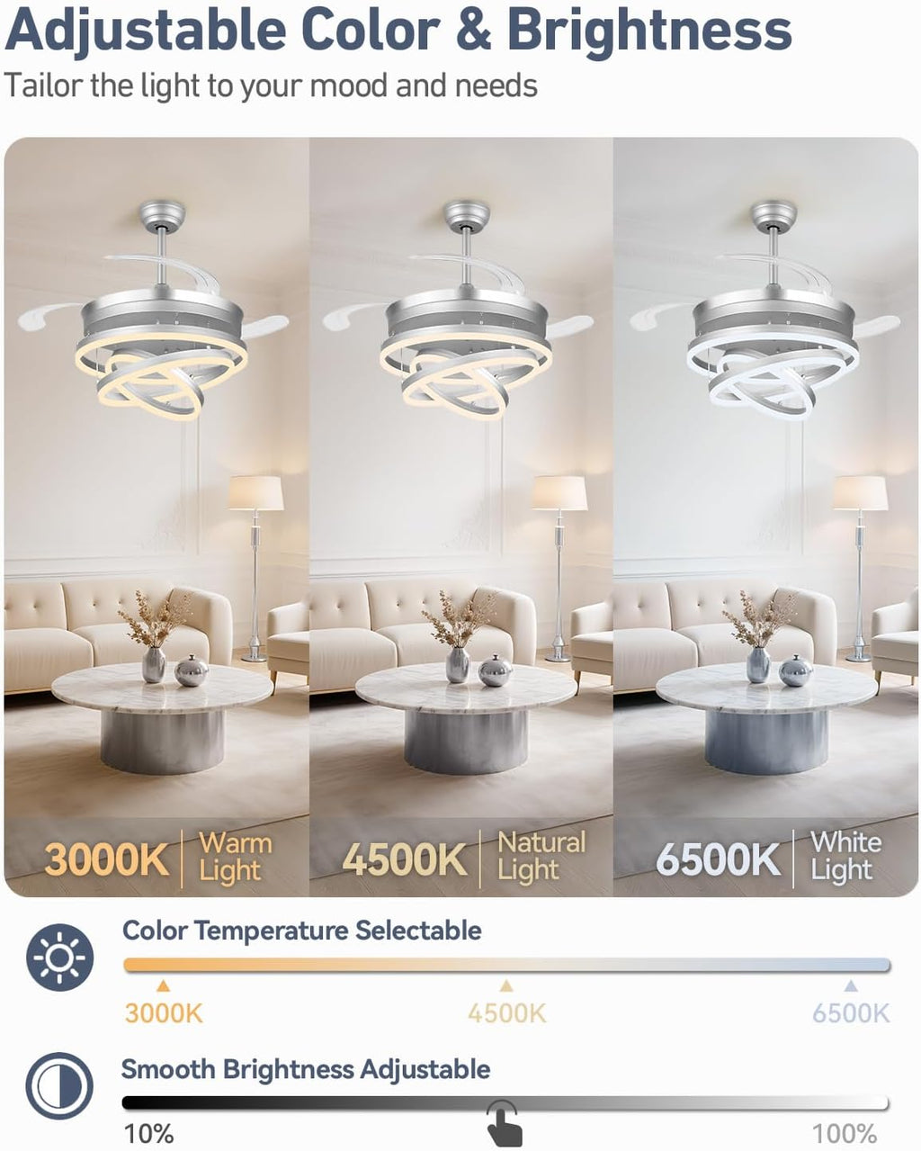 42 Inch Retractable Ceiling Fans with Lights and Remote, Modern Chandelier Fandelier Ceiling Fans, Quiet Reversible DC Motor, 6 Speeds, 3 Color Dimmable LED for Bedroom Living Room (Silver)