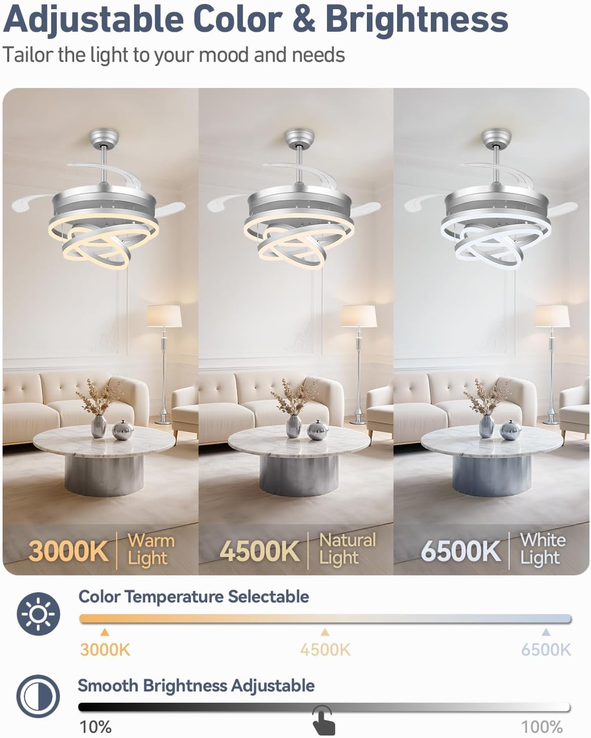42 Inch Retractable Ceiling Fans with Lights and Remote, Modern Chandelier Fandelier Ceiling Fans, Quiet Reversible DC Motor, 6 Speeds, 3 Color Dimmable LED for Bedroom Living Room (Silver)