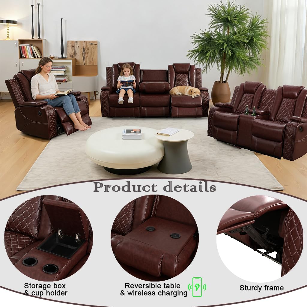Pon Living Luxurious Leather Reclining Sofa Set with LED, Power Recliner Sofa Set, Living Room Furniture Sets with Cup Holders/USB Port & Storage Consoles for House/Home Theater