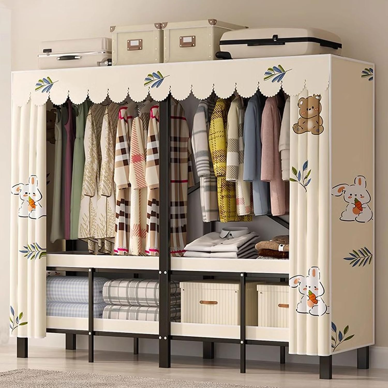 Portable Heavy-Duty Wardrobe Closet, Foldable Clothing Rack with Cover, Freestanding Coat Storage Solution for Bedroom, 57in Armoire Organizer for Hanging Clothes