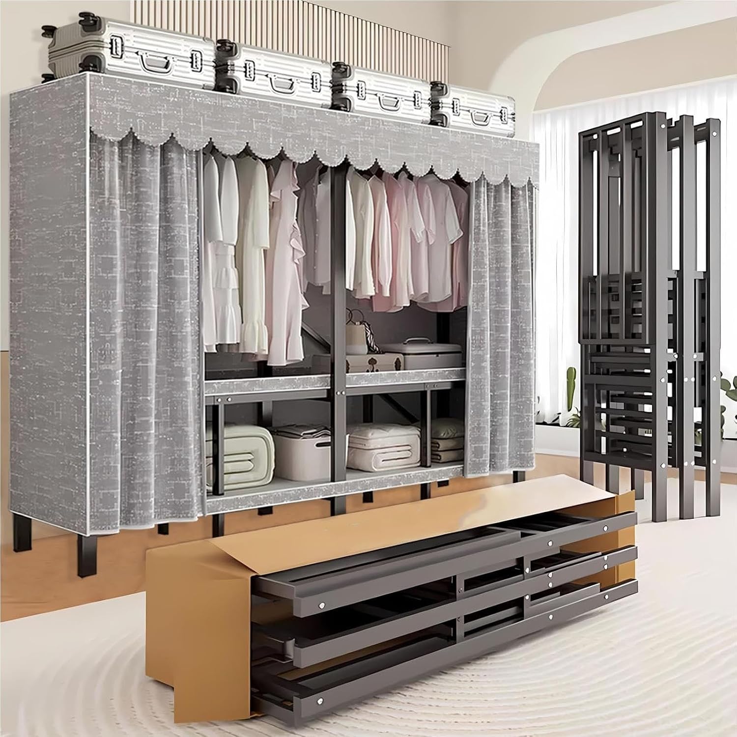 Heavy Duty Foldable Closet Rack With Cover, Large Capacity Portable Wardrobe Closet For Hanging Clothes, Max Load 1200lbs, Metal Freestanding Armoires Wardrobe Hanger Clothes Organizer(125cm/49.2in)