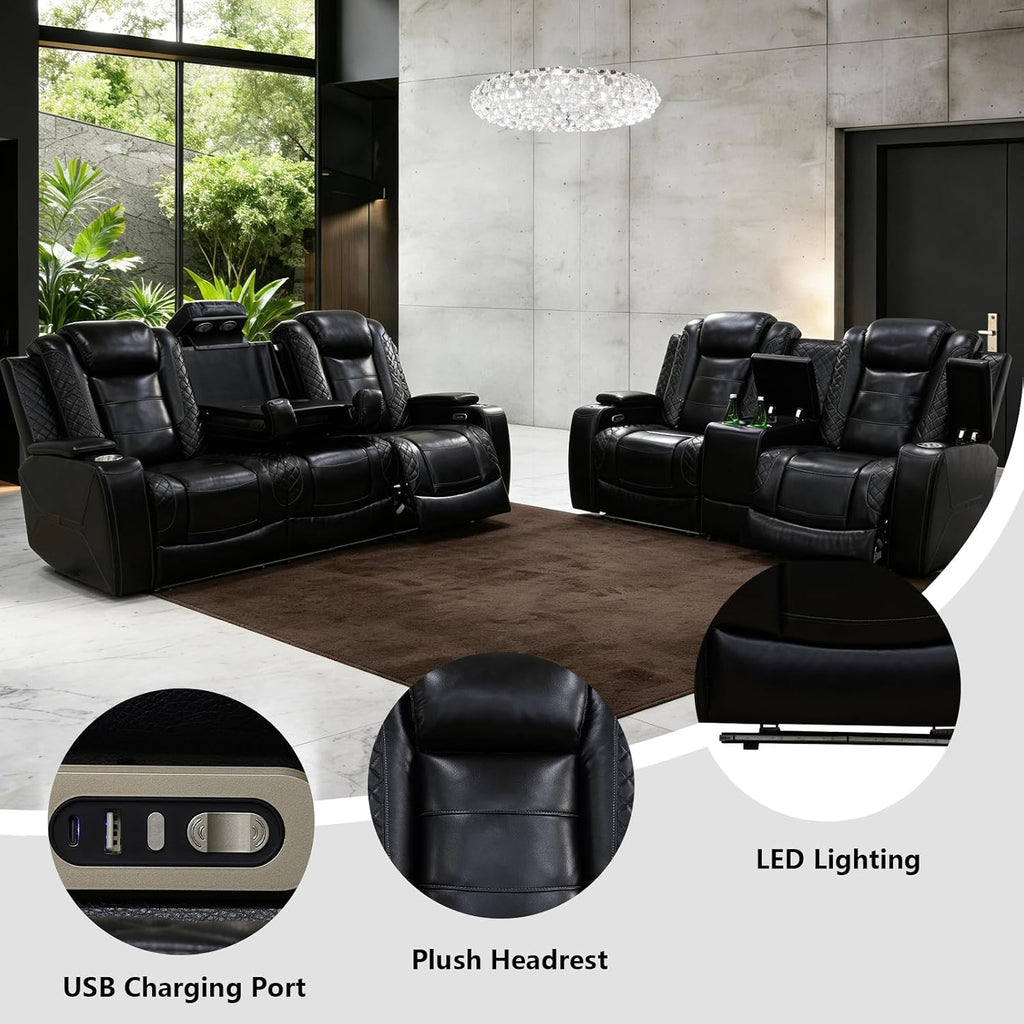 Power Recliner Sofa Set - 3 Piece Living Room Furniture Set with Electric Reclining Sofa, Loveseat and Chair, Breathable Faux Leather with USB Ports, Wireless Charging, Cup Holders and LED Lights