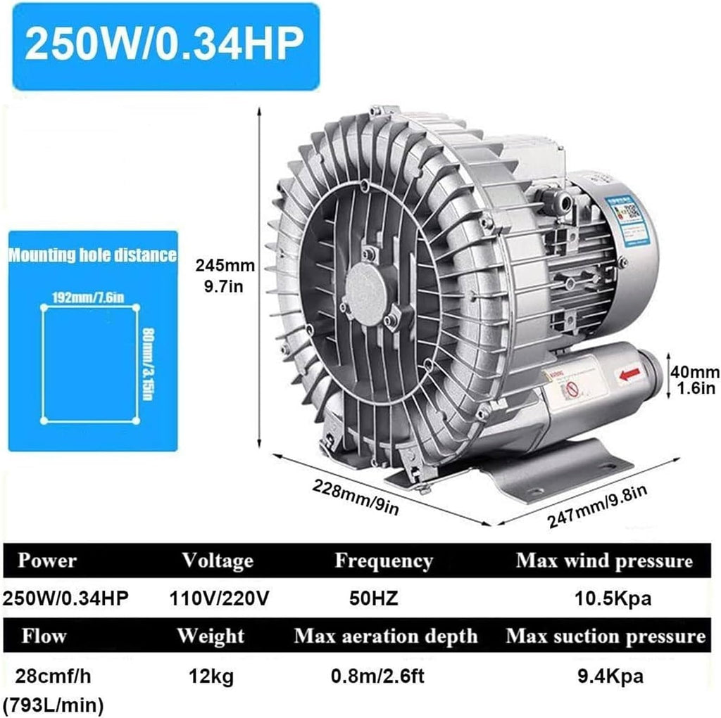 High-Pressure Industrial Vacuum Pump, Regenerative Blower 120W-1100W for Air Blowing or Suction, Low Noise Sewage Aeration Vortex Blower, Single Phase
