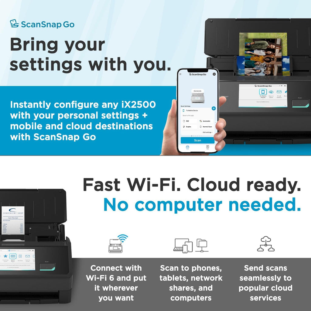 ScanSnap iX2500 Wireless or USB High-Speed Cloud Enabled Document, Photo & Receipt Scanner with Large 5' Touchscreen and 100 Page Auto Document Feeder for Mac or PC, Black