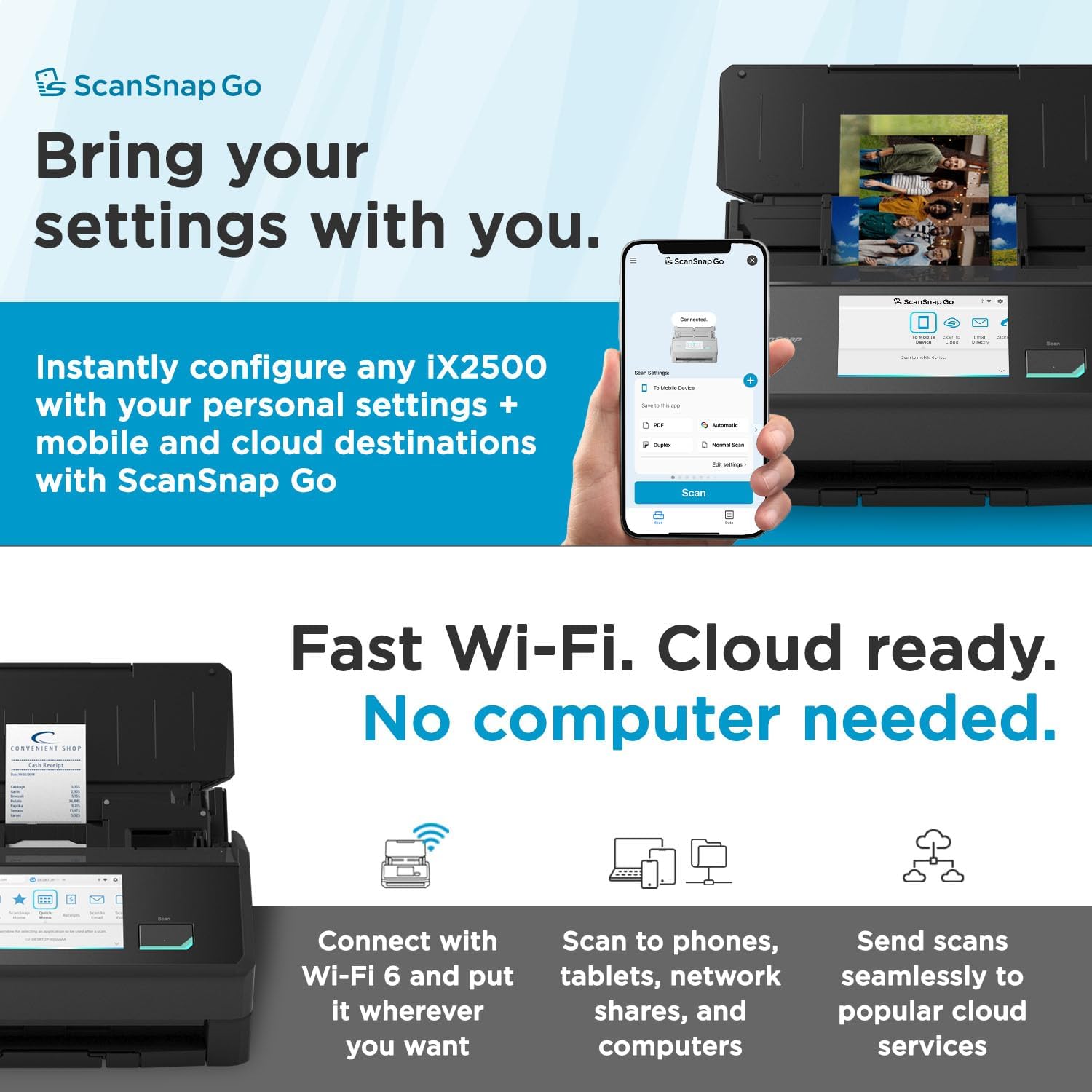 ScanSnap iX2500 Wireless or USB High-Speed Cloud Enabled Document, Photo & Receipt Scanner with Large 5' Touchscreen and 100 Page Auto Document Feeder for Mac or PC, Black