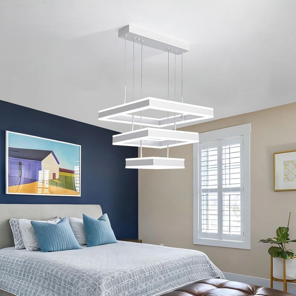 O'NEELDY Modern LED Chandeliers White Square Rings Pendant Light Fixture with Hanging Cord Flush Mount Square Modern Chandeliers for Kitchen Island Dining Room