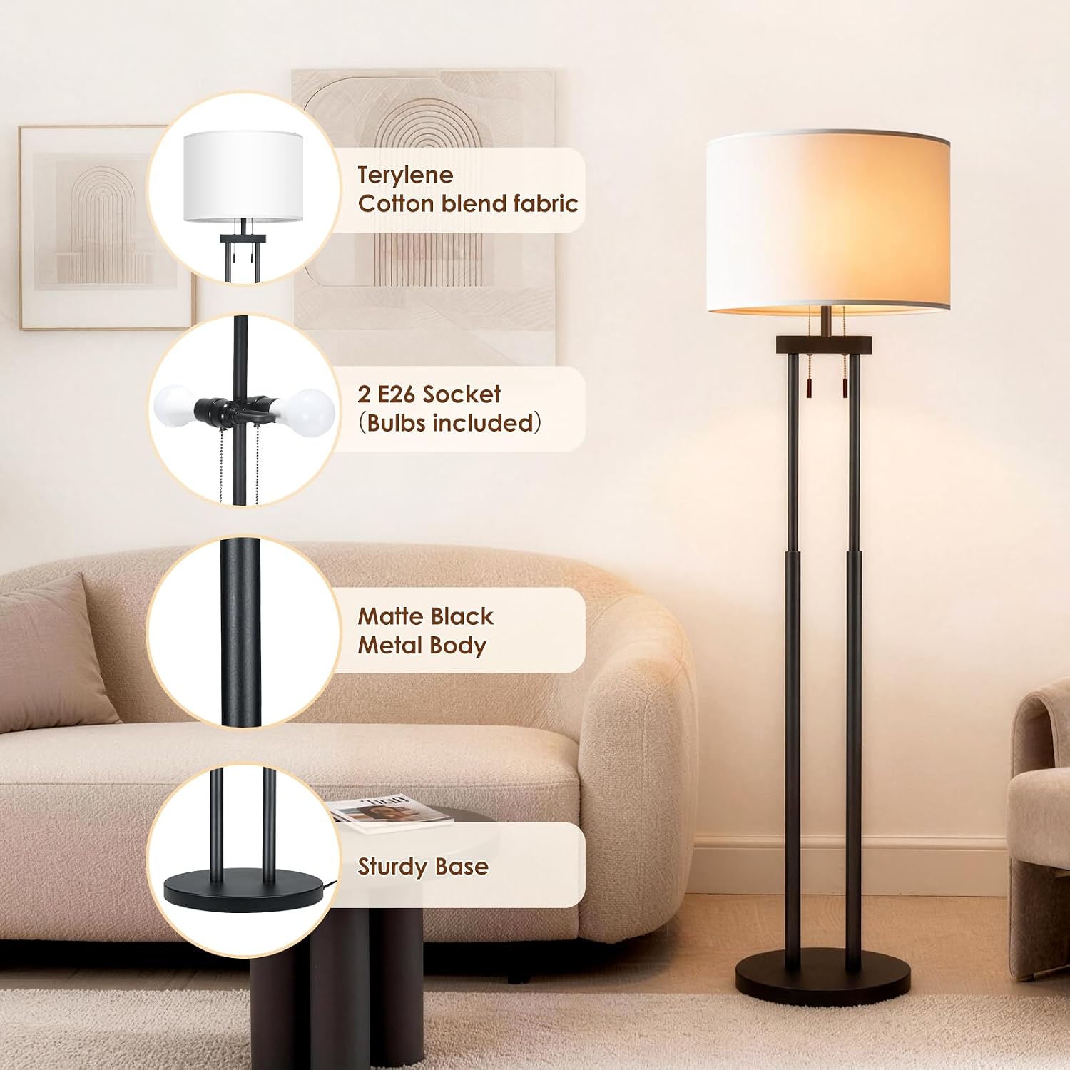 Dimmable Floor Lamps, Floor Lamp with Remote & App Control, 3 Color Temperatures, Stepless Dimming, Reading Floor Lamp, Standing Lamp, Tall Lamp, Floor Lamps for Living Room, 2 Bulbs(Included)