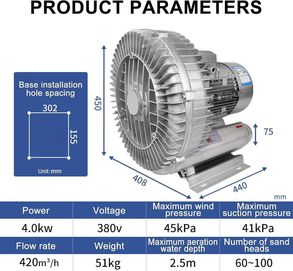 Single Three Phase Vortex Ring Blower 120W-7500W Regenerative Blower (0.16HP–10HP) Oil-Free Electric Air Pump for Septic Tank & Sewage Aeration Systems(4KW/380V)