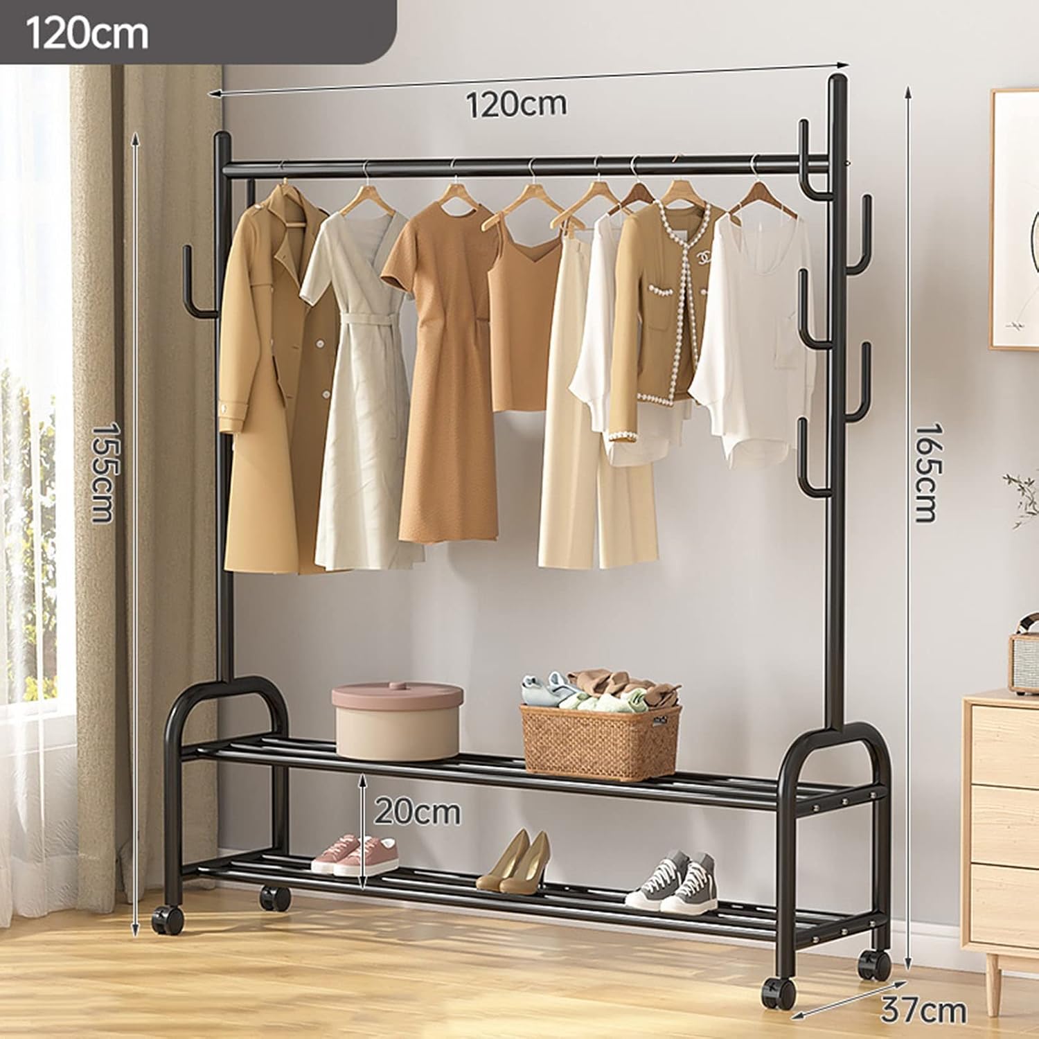Metal Clothes Rail Freestanding Garment Rack with Storage Shelf and 7 Side Hooks Coat Rack Stand for Shoes and Boxes (Black 120cm)