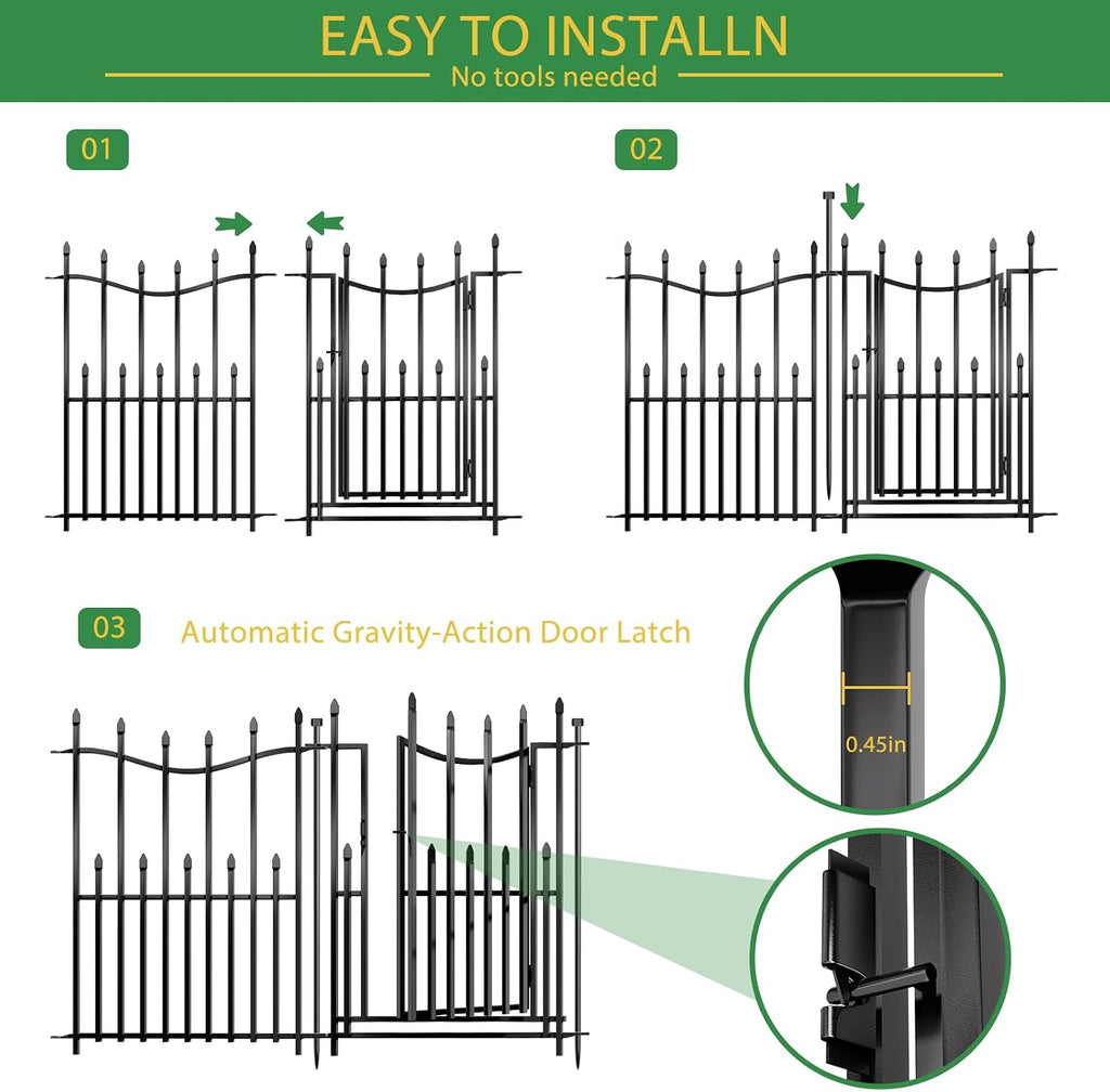 10 Panels No Dig Decorative Garden Fence with Gate, 32in(H) × 22ft(L) Heavy-Duty Rustproof Metal Panels, Outdoor Dog Barrier for Yard & Patio, Landscape, Border| Portable Temporary Fencing