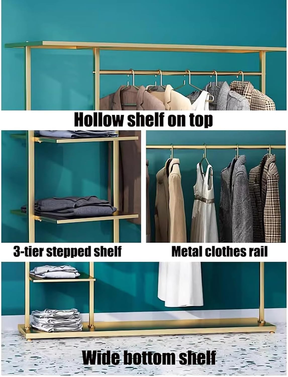 Garment Rack with Shelf, Hangers Display Stand, Metal Clothing Rack Free Standing Closet Organizer with 5 Tier Shelf,Large Clothing Display Stand for Home, Clothing Store(Gold