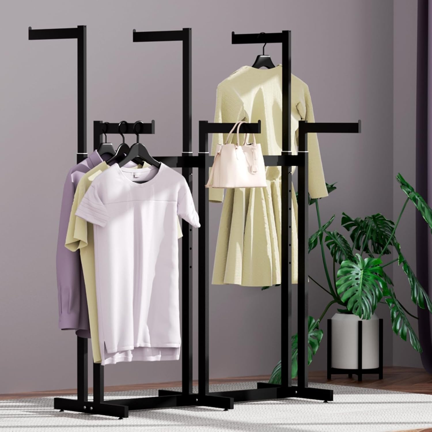 Clothing Racks - Metal Garment Racks for Retail Display Hanging Clothes, Heavy Duty Gold Commercial Clothing Display Rack with Wheels, FreeStanding (Black