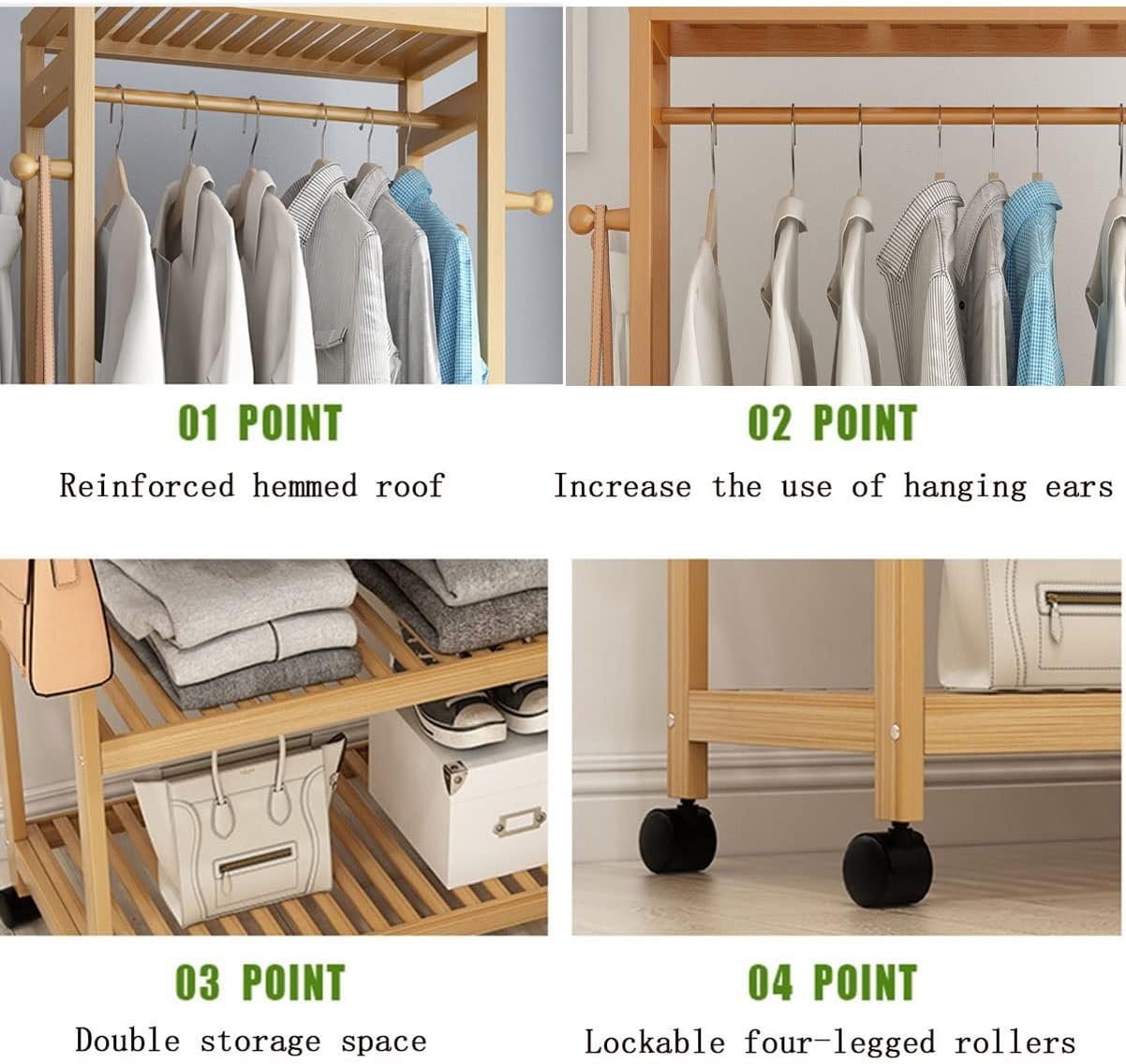 Generic Garment Rail Shoe Bench Coat Stand Rack Hanger Wooden Coat Rack Freestanding Garment Rack With 3 Storage Shelves And 4 Hooks, Coat Rack With 360° Wheels For Entryway, Hallway, Bedroom And L