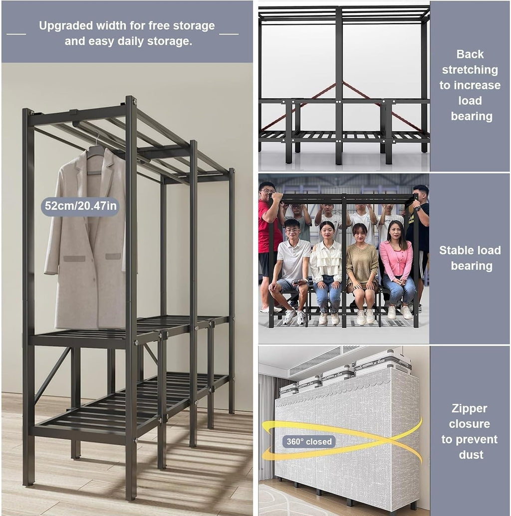 THEGA Portable Wardrobe Closet Rack - Heavy-Duty Foldable Garment Rack with Cover, 1100lbs Freestanding Clothes Organizer System,Enclosed Curtain Armoires for Hanging Clothes for Bedroom(150cm/59in)